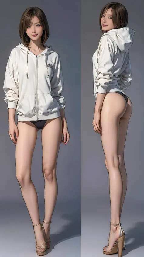 ((masterpiece)),(((Highest quality))),((Character design sheet)), Thin thighs,Long legs,18 year old Japanese girl, Cute type,The best smile:1.5，white long hoodie:1.5, Black panties in full view 1.5，Very short hair ,  (Highly detailed skin), The background ...