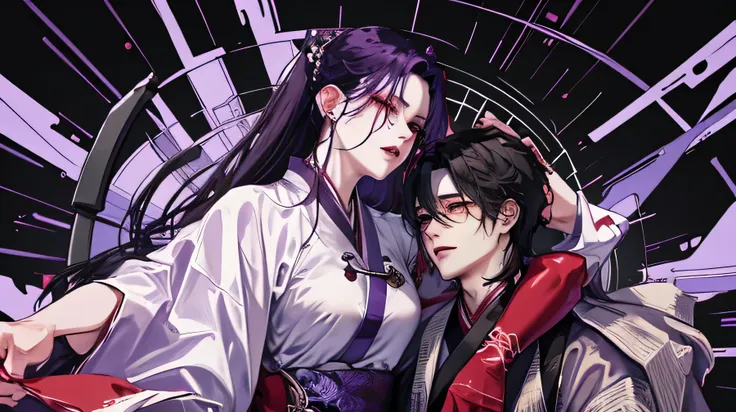 A dead woman with blindfold on and her purple hair loose and is wearing hanfu clothing as she is being hugged, and a handsome man with a huge build wearing black hands clothing and has long black hair and red eyes is the on holding the women.