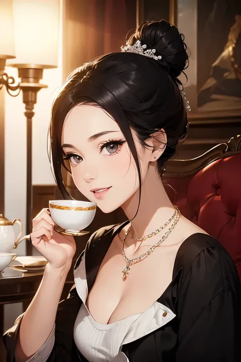 best quality, nsfw, (shoot from diagonally front with eye-level height), (face shot:1.2), 1female, 30-year-old refined lady, (black hair tied up in an elegant bun, no bangs on forehead:1.3), (smiling gracefully with a teacup in her hand:1.2), (beautiful fa...