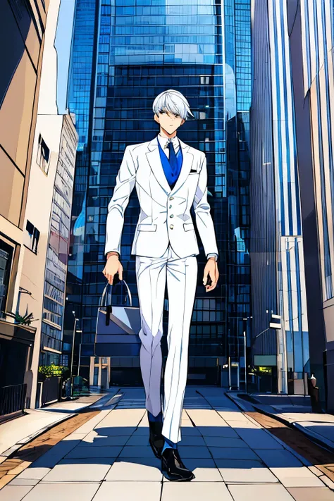 White hair，Young man with light blue hair，A white suit，Briefcase in hand，Looking at the camera，Full body picture，Behind is the company building，