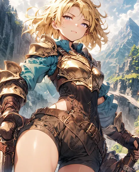 boyish　Berry Short　Slanted Eyes　Thighs　Blonde　Leather Armor　Mountain trail　Dagger　