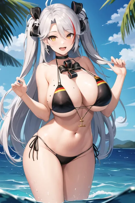 Masterpiece, best quality, high resolution, bbeugen, long hair, two sides up, antenna hair, hair band, black bow, cross earrings, mole on chest, black choker, German flag bikini, black bikini, strap thigh, rippling, smile, open mouth, water, partially subm...