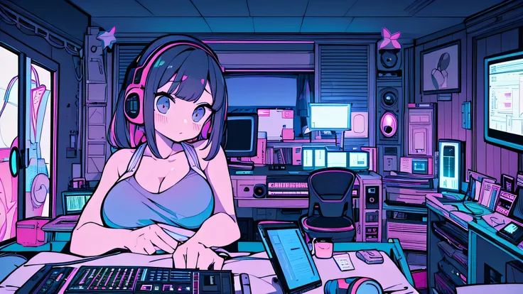 Best quality, (masterpiece), best detail face,1 girl, big breasts, 18 yo, 8k,absurdres,unity 8k wall paper,(extremely detailed:1.3), highest realistic, (retro headphones:), (soft neon light:), (psychedelic), Her room full of music equipment and plants, Lig...