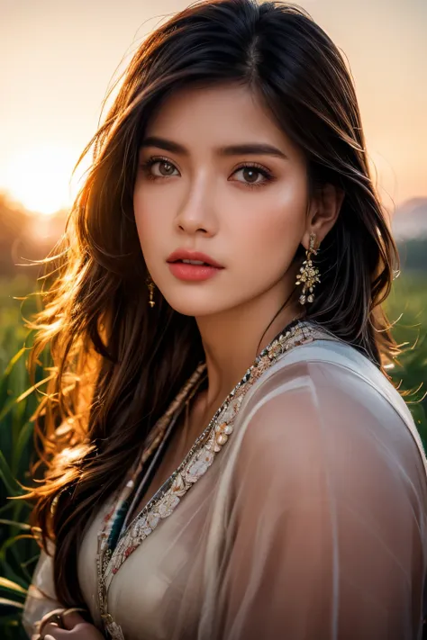 ((majestic:1.5)), ((hyper realistic:1.5)), uhd:1.3, RAw photo, intricately detailed, beautiful sunrise over rice fields in India, Indian farmers harvesting rice, beautiful detailed eyes, beautiful detailed lips, extremely detailed eyes and face, long eyela...