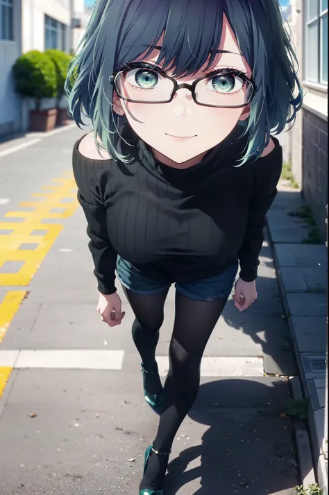 akanekurokawa, akane kurokawa, bangs, (Green Eyes:1.3), Blue Hair, Medium Hair, dark Blue Hair,smile,Black-rimmed glasses,Cold shoulder tops,Shorts,Stiletto heels,Walking,Daytime,Clear skies,whole bodyがイラストに入るように,
break outdoors, School,courtyard,
break lo...