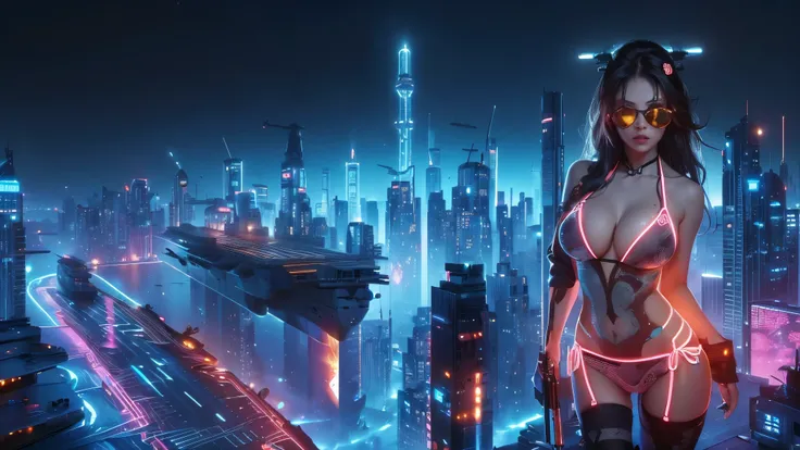 (((a large-breast bikini slim GIRL with black (micro) sunglasses))), (((((aiming at viewer with a pistol))))), a balcony of a futuristic building, aerial view of an ultra-futuristic megalopolis, metal buildings and houses in dark colors from dark blue to b...