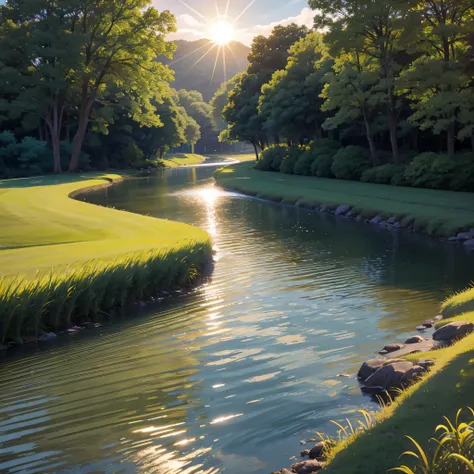 Beautiful river with Sun ray around it with grass field around it