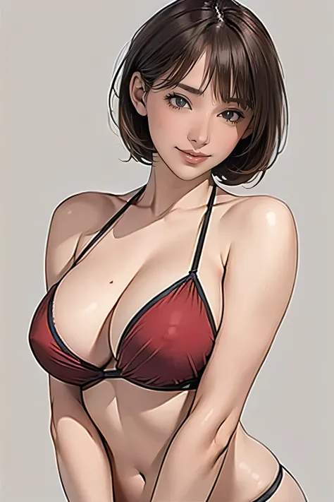 Portraiture, 1 beautiful girl(Droopy eyes), Brown medium short(bangs, Side inward rolling), smile, (Dark red bikini), Beautiful cleavage