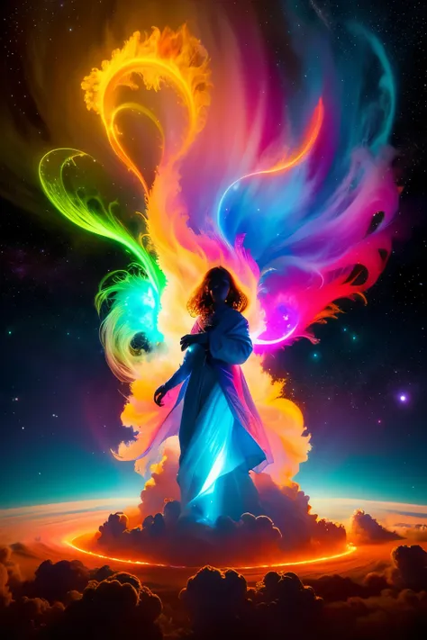 Spectacular beyond imagination、A figure emerges from a glowing cloud, Fractal Nebula Thread, universe entities, Celestial, universe, Vibrant and lively, Swirl, Spin around, unrealistic, High Contrast, Symbolism, Magic, Mysterious, mysterious, Surreal, Supe...