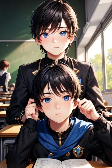 a portrait of a 14 year old young boy, who has black hair and blue eyes, and wears a magic academy uniform, who has dark shadow magic in the background in a classroom accompanied by several of his friends