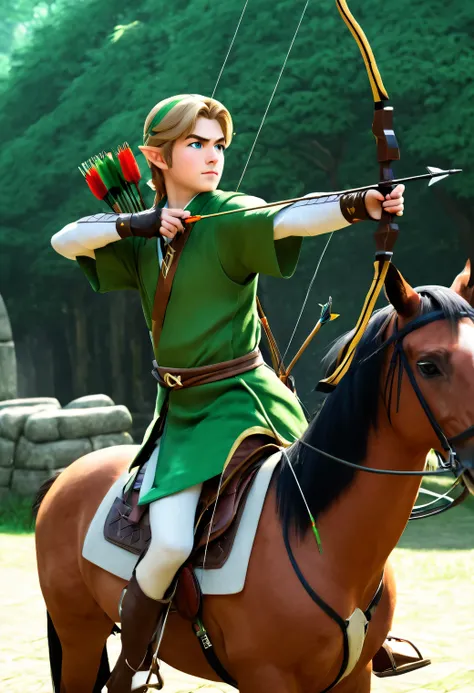 masterpiece, best quality, very aesthetic, absurdres, 
Archer, 1boy, link, zelda, green kimono, bow and arrow, leather gloves, (Perfect hands, perfect fingers), tense expression, 
(Horseback archery:1.3) Simple bow, Hold the bow, hold the arrow, draw the b...