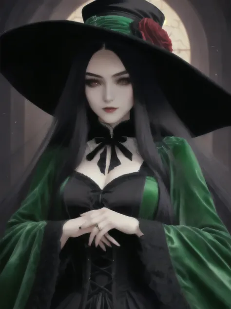 beautiful girl，HD facial details，Wearing a green velvet dress，Wearing a black hat，White long hair，One eye is red，Another black，anime girl wearing black cloak, charlie bowater rich dark, Full body details, elegant victorian vampire, Character Art Close-up