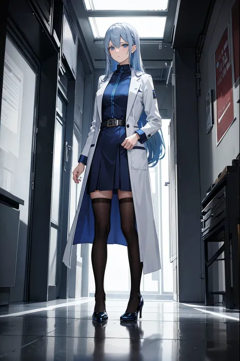 1woman, metallic hair, blue eyes, lab coat, dress, standing on ground, high res, ultra sharp, 8K, masterpiece