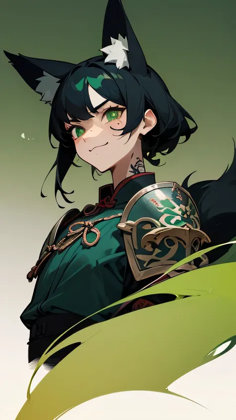 Women, fox ears, black hair and green eyes, three black tails, armor with black Chinese decorations with green decorations, black roots embedded in his neck and a tattoo on his face that alludes to raises, traditional chinese silver sword,  threatening hap...