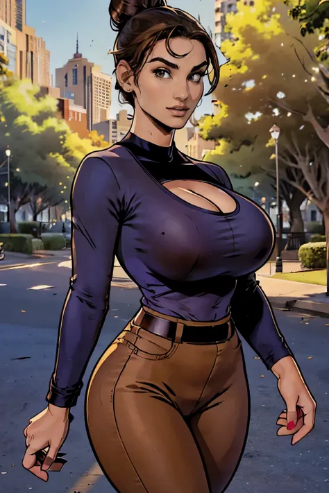 Gorgeous and sultry busty athletic (happy) brunette with sharp facial features, athletic bun, large breasts, cleavage, and a (large nose) wearing a low-cut dark blue shirt, tight beige pants.  City street, park, trees.