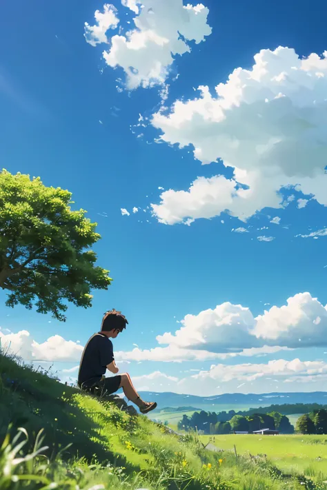 A white boy sits next to a green tree on a small hill, next to it is a grass field, blue sky, lots of clouds, gentle wind blowing.