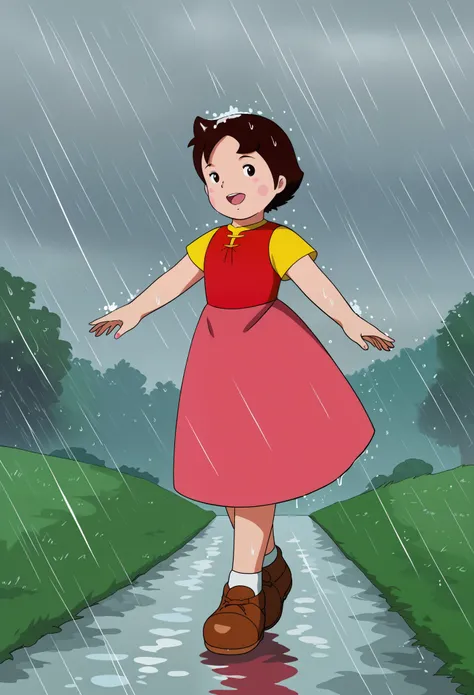 score_9, score_8, score_9, BREAK, heidi, short hair, brown hair, dress, blush stickers, outdoors, raining