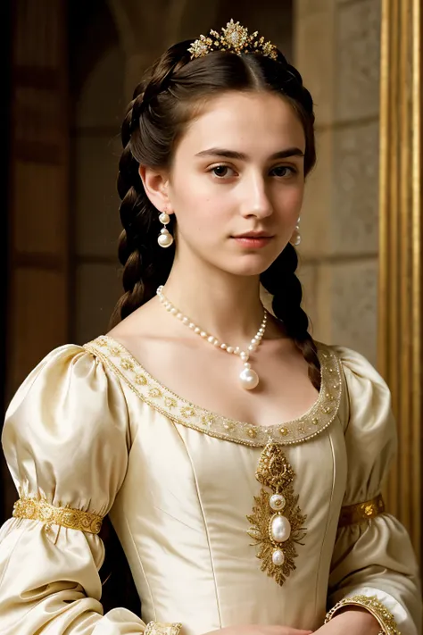 ((Best Quality)), ((Masterpiece)), (detailed), 
"Generates an image of an 18-year-old medieval woman, inspired by Blanca de Évreux. She has light brown hair, up in an elaborate hairstyle with braids and pearl decorations. His face is delicate and refined, ...