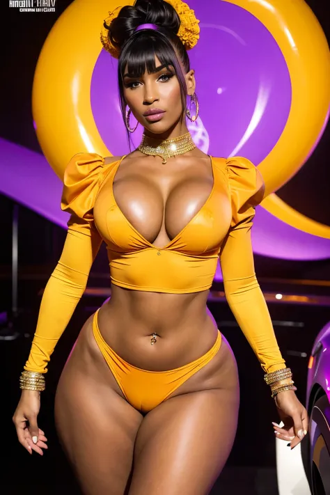 Objective: HyperAss Women, Milf, Small yet Sensual;
Short, very short (rococo) hair, adorned with neon orange accents and glittering violet and yellow inflatable parts, puffy sleeves, and a dash of modern AfroWestern flair;
Dua Lipa channeling Megan thee S...