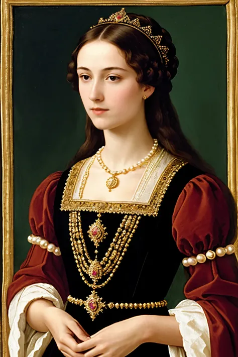 ((Best Quality)), ((Masterpiece)), (detailed), 
"Generates an image of a 21-year-old medieval woman, inspired by Joan of Burgundy. She has dark brown hair, up in an elaborate Renaissance hairstyle adorned with jewels and pearls. His face has fine features ...