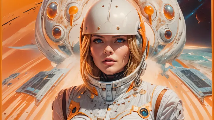 arafed image of a white woman in a futuristic suit with a spaceship in the background, movie art, in front of an orange background, inspired by Robert McGinnis, female protagonist, megastructure in the background, portrait of an ai astronaut, astronauts, a...