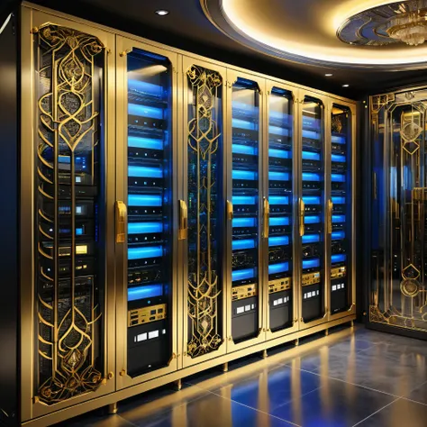 A server room professionally designed with full computer and hard drive racks, router and switches behind a glass wall. A large part of the server is dedicated to media files such as movies. The rom is Art Deco style ornate micro detailed.  Primary colors ...