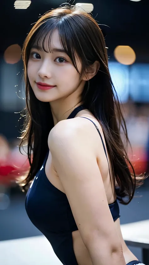 (8K, RAW Photos, Highest quality, masterpiece:1.2), (Realistic, photo-Realistic:1.4), (Highly detailed 8K wallpaper), Beautiful woman, Delicate features, Sexy Looks, (Sensual look), Are standing, Looking at the audience, Black Hair, Diagonal bangs、smile、se...