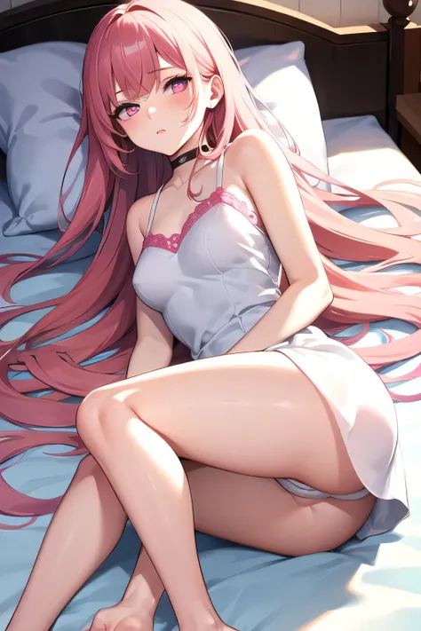 The girl with long pink hair and pink eyes wore a white short dress and showed off the clothes she was wearing while feeling shy and salty while lying on the bed.