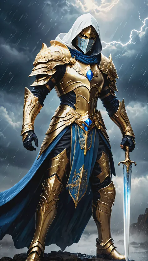 an awesome, Highly detailed dark fantasy full body illustration of a proud angelic warrior wearing intricate white medieval HK style armor and an epic ornate white mask, holding a shiny golden great sword, shadowy gold and blue eyes, very wide shoulders, w...