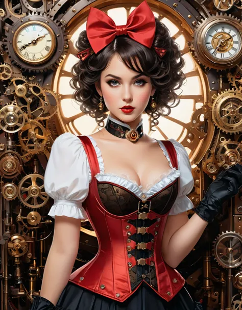 A highly detailed steampunk-themed illustration of a young woman with a vintage, pin-up style appearance. She has curly black hair styled with a large red bow and is dressed in a revealing corset with red and white accents, adorned with various steampunk g...