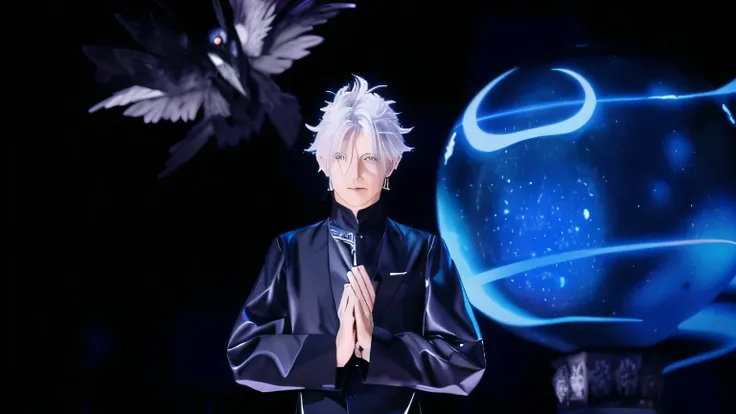 beautiful aracter with white hair and black outfit standing in front of a blue orb, a silver haired mad, inspired by Okumura Togyu, white haired deity, dapper dream demon, kaworu nagisa, tensei shitara slime datta ken, he has dark grey hairs, nagito komaed...