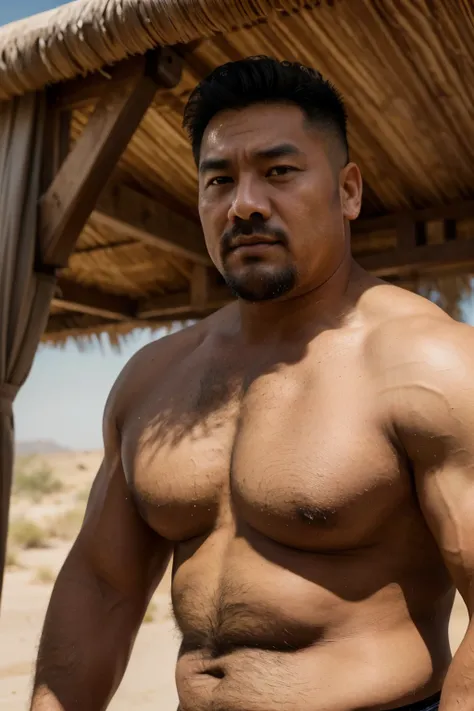 A wild plump chinese uncle man, (55 years old daddy:1.1), 1boy, Solo, handsome, small eyes, detailed eyes:1.1, big round face shape, (Detailed face:1.3), short hair, (Best quality, A high resolution), Masterpiece, in the desert, Intricate details, depth of...