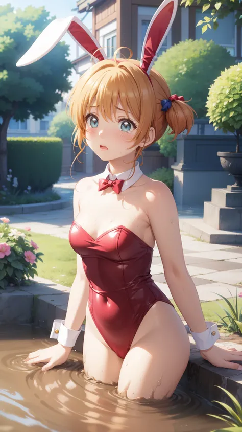 masterpiece, best quality, highres, 1girl, detailed face, blush, anime CG style, (medium breasts), (18 year old girl:1.3), (aged up), good lighting, perfect body, sakura kinomoto, glossy lips, city street, strapless leotard, detached collar, wrist cuffs, b...