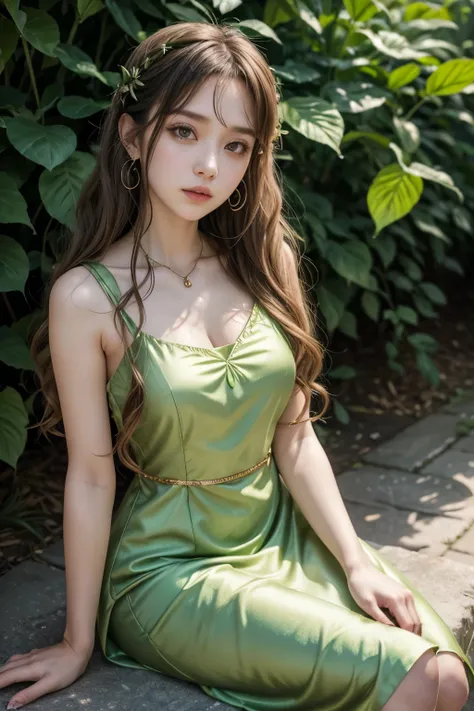 An anime girl character sitting in the middle of a bud wearing green long silk dress having leaf earings, gold jewelry and silver long wavy hair 