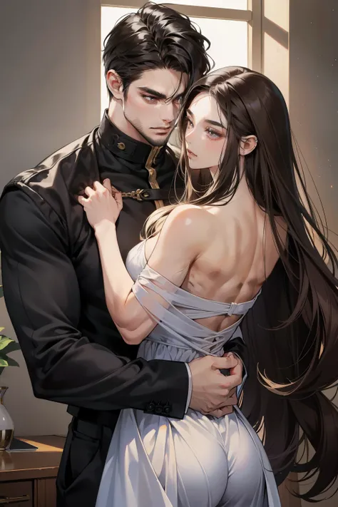 **Creada por: Midoru**
(masterpiece:1.4) best quality,
dark and sensual couple, passionate embrace,
dark-haired girl, long, straight, dark brown hair cascading down, seductive eyes with dark brown pupils, radiant skin, sophisticated lip gloss,  and slender...