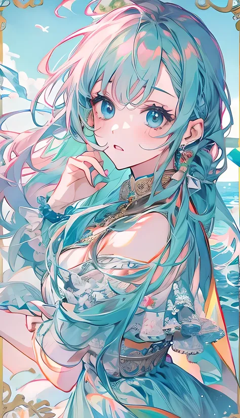 high resolution、One Girl、Vibrant colors、Vivid Color、Full body images、in the sea、marmaid、catsle、rainbow hair、 long hair、opal