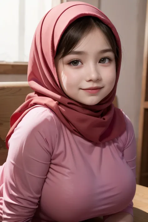 Chubby adorable, 1 girl, (face to face), 10 years old, baby face, happy, half body portrait, (face details: 1), (eye details: 1), ((big breasts)). wearing transparent transparency softpink long shirt, hijab, .. Cute posed. proportional body. Ultra High Res...