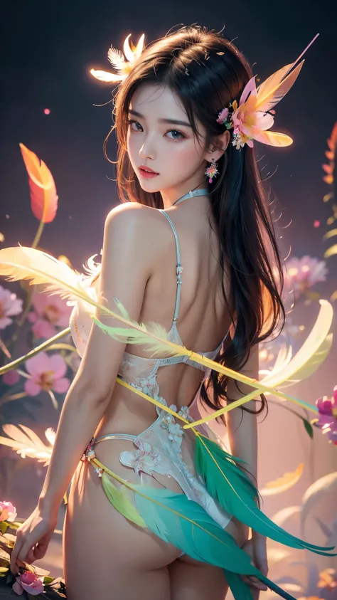 (masterpiece, top quality, best quality, official art, beautiful and aesthetic:1.2), (1 woman:1.3), very detailed,(fractal art:1.1),(fancy:1.1)(flowers:1.3),most detailed,(젠탱글 neon:1.2), (dynamic pose), (추상적 인 배경 neon:1.3), (glowing skin), (various colors:...