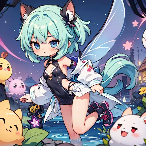 chibi, sexy fairy,night, neon,