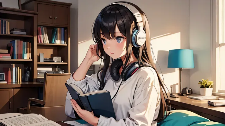 Girl listening to music with headphones in her room at home i am studying Open a book