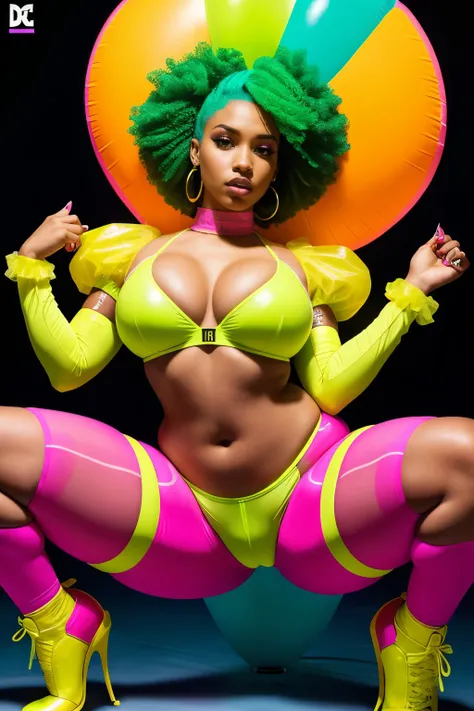 Objective: (Streetwear Fashion)
Neon lime, HyperAss Women, Milf, small Boobs, Big Ass, Sexy, Hot, short afro, very short (rococo) hair, Short clothes. Adorned with lots of bio-translucent violet and yellow inflatable parts and puffy sleeves, Dua Lipa as Me...