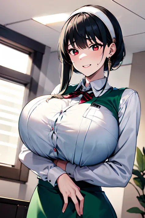 masterpiece, best quality, highres, BBYORF, short hair with long locks, white hairband, red eyes, gold earrings, (huge breasts,busty),full bust,slender,(thin_Waist), office lady, white shirt, collared shirt, green vest, long sleeves, green skirt, (Black ti...