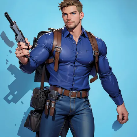 1 man, male focus solo, middle aged man,Stephen AMELL as private investigator,  lean muscle,very  light blue shirt, brown leather shoulder holster, faded vintage blue jeans with bulge, full body shot, dark blond  short hair, facial hair, holding a gun with...