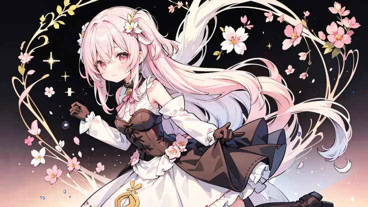 The character in the image has long, wavy white hair with pink tips, an eyepiece over the right eye, reddish eyes, and a fantasy-steampunk outfit with maroon, gold, white, and black colors. The outfit includes puffed shoulders, a corset-style middle, a sho...