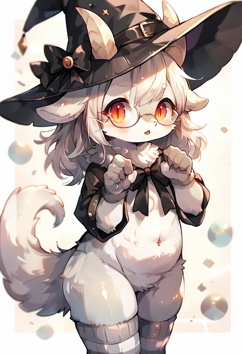 Furry, Furry dragon (anthro), cute fur, eyes black, god of eyes, gray witch hat with black bow, fur all over belly and thigh, artwork, detailded, Perfect artwork, (VOLUMOUS WHITE fur ON THE NECK), White dragons tail, Kemono, wearing glasses without rounded...