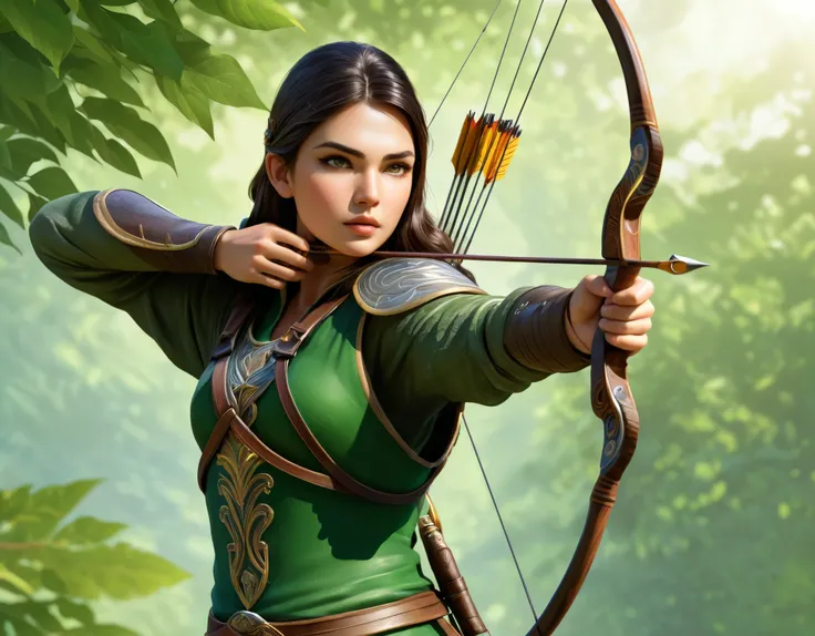 a skilled archer, a medieval archer, an archer in a fantasy forest, an archer with a longbow, an archer with a quiver of arrows, an archer in a heroic pose, an archer in a detailed realistic style, a highly detailed and photorealistic archer, a professiona...