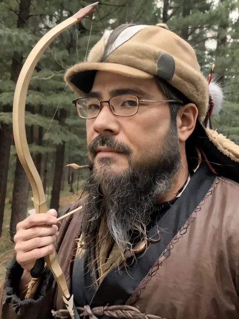 archery,beard, Glasses, 独奏, 1boy, hat, holding, weapon, male focus, holding weapon, facial hair, sheath, beard, Forest background, bow (weapon), arrow (projectile), holding bow (weapon), (quiver), aiming, holding arrow, (drawing bow)