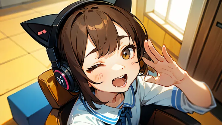 Room with speakers、Cat with headphones、Face close-up、noon、Brown Hair、Looking up with open mouth、Sitting in a chair、One eye closed、Waving one hand