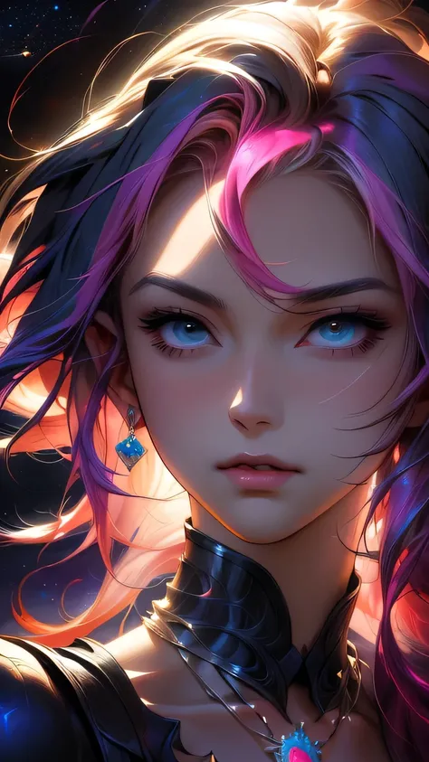 Close-up of a woman with colorful hair and necklace, Anime girl with space-like hair, The gentle vitality of rose roses, Gubes-style artwork, Fantasy art style, colorful], Vivid fantasy style, Ross draws vibrant cartoons, cosmic and colorful, Gwaiz, colorf...