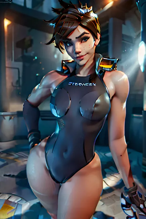 Tracer from Overwatch, Hydrasuit and competition swimsuit, Large Breasts and Cleavage, spiky dark brown hair , seductive smile, game art,  cowboy shot, highres, textured skin